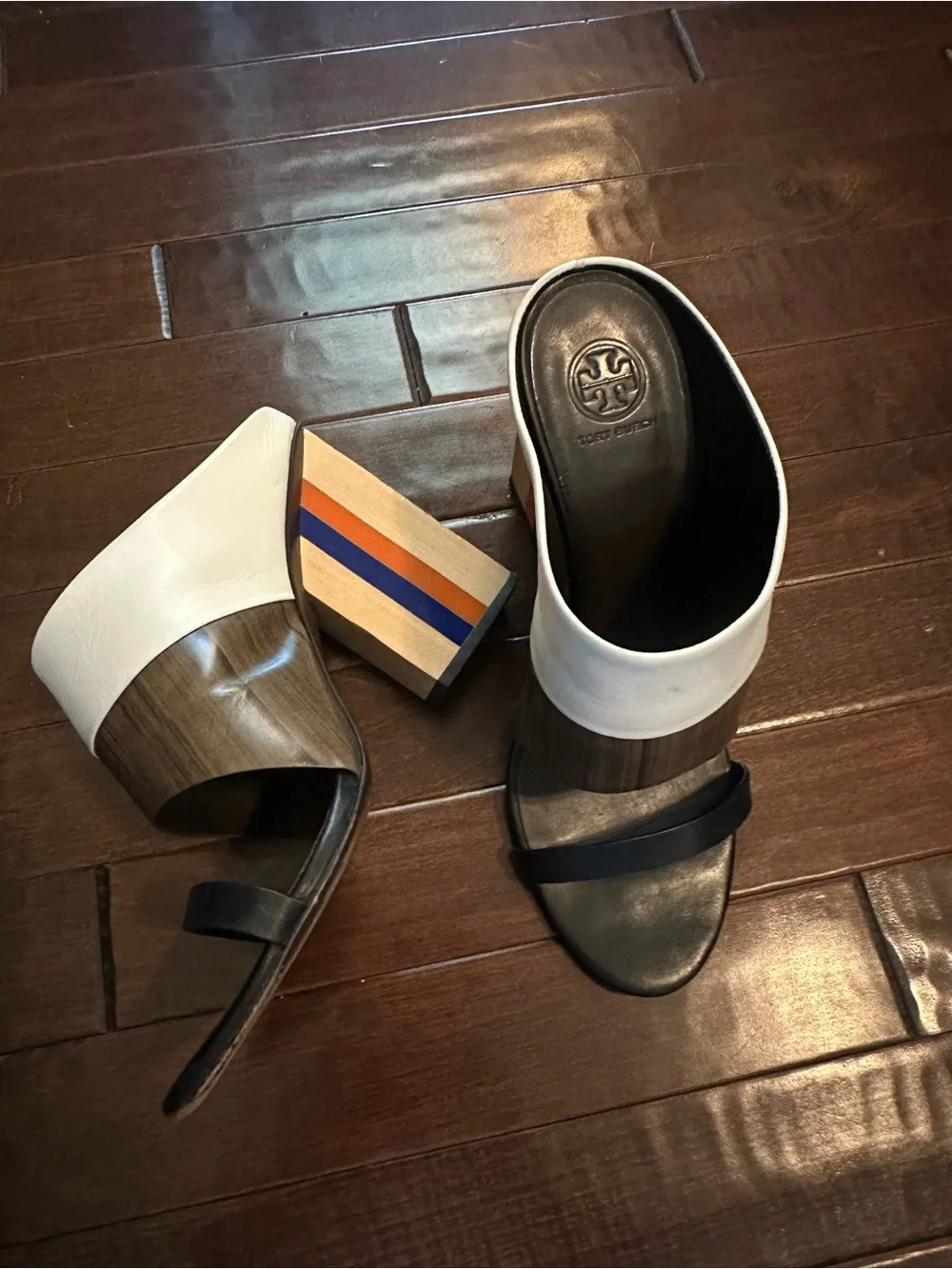 Tory Burch Cream, Brown & Black Striped Block Heel Mule
